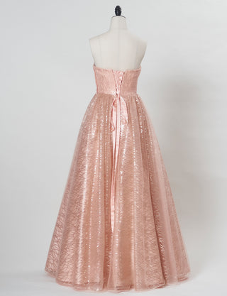 TWEED DRESS(ツイードドレス)のシェルピンクロングドレス・チュール｜TN2021-SHPKのトルソー全身背面画像です。
