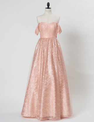 TWEED DRESS(ツイードドレス)のシェルピンクロングドレス・チュール｜TN2021-SHPKのトルソー全身正面付属オフショルダーストラップ着用画像です。