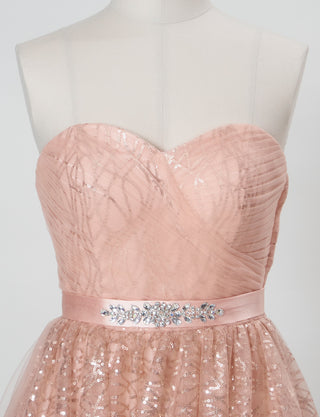 TWEED DRESS(ツイードドレス)のシェルピンクロングドレス・チュール｜TN2021-SHPKのトルソー上半身正面付属サッシュベルト着用画像です。