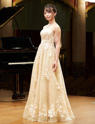 TWEED DRESS(ツイードドレス)のシャンパンゴールドロングドレス・チュール｜TN2024-CGDの全身斜め画像です。