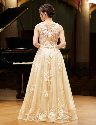 TWEED DRESS(ツイードドレス)のシャンパンゴールドロングドレス・チュール｜TN2024-CGDの全身背面ボレロ着用画像です。
