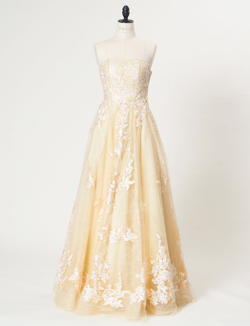 TWEED DRESS(ツイードドレス)のシャンパンゴールドロングドレス・チュール｜TN2024-CGDのトルソー全身正面画像です。