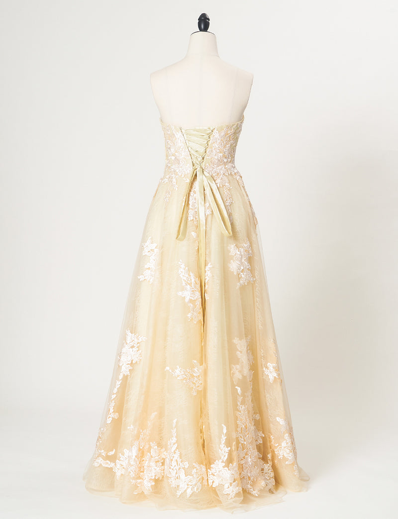 TWEED DRESS(ツイードドレス)のシャンパンゴールドロングドレス・チュール｜TN2024-CGDのトルソー全身背面画像です。