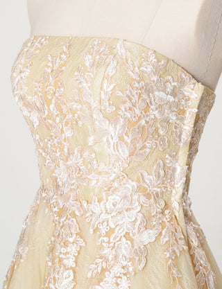TWEED DRESS(ツイードドレス)のシャンパンゴールドロングドレス・チュール｜TN2024-CGDのトルソー上半身斜め画像です。