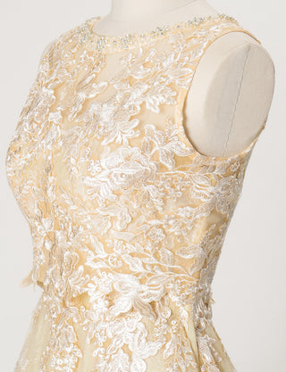 TWEED DRESS(ツイードドレス)のシャンパンゴールドロングドレス・チュール｜TN2024-CGDのトルソー全身斜めボレロ着用画像です。