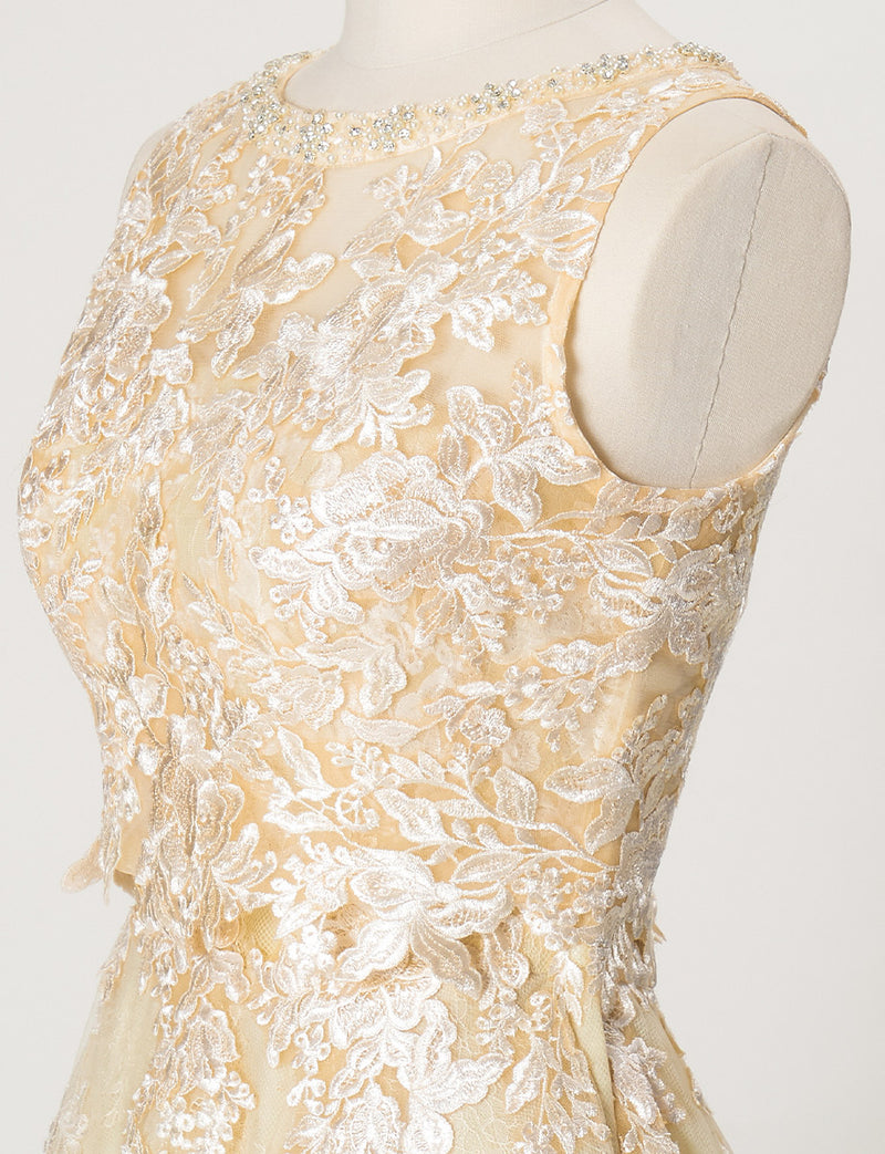 TWEED DRESS(ツイードドレス)のシャンパンゴールドロングドレス・チュール｜TN2024-CGDのトルソー全身斜めボレロ着用画像です。