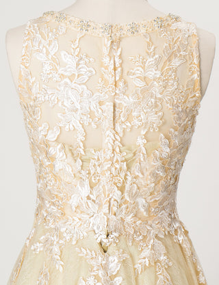 TWEED DRESS(ツイードドレス)のシャンパンゴールドロングドレス・チュール｜TN2024-CGDのトルソー全身背面ボレロ着用画像です。