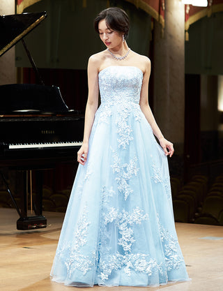 TWEED DRESS(ツイードドレス)のアイスブルーロングドレス・チュール｜TN2024-IBLの全身正面画像です。