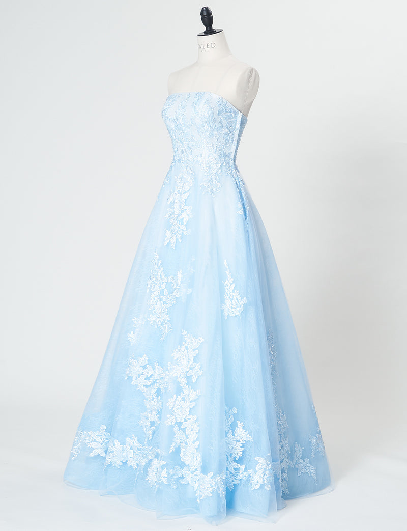 TWEED DRESS(ツイードドレス)のアイスブルーロングドレス・チュール｜TN2024-IBLのトルソー全身斜め画像です。