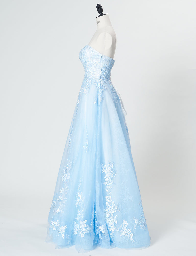TWEED DRESS(ツイードドレス)のアイスブルーロングドレス・チュール｜TN2024-IBLのトルソー全身側面画像です。