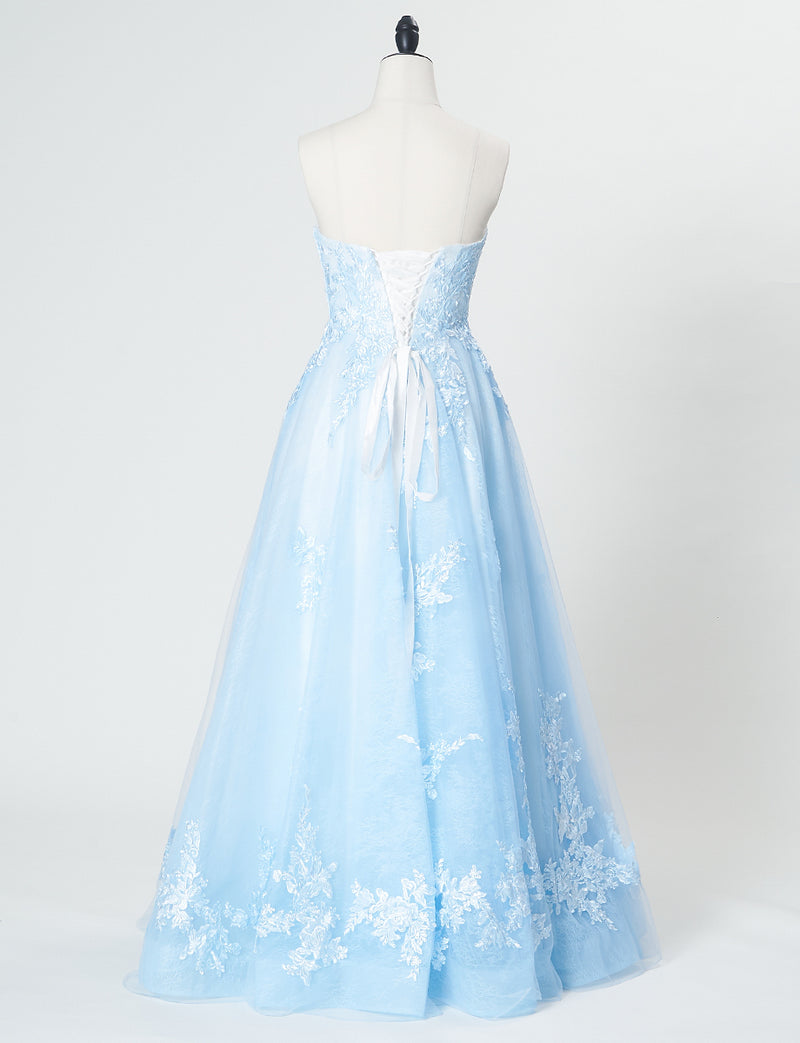 TWEED DRESS(ツイードドレス)のアイスブルーロングドレス・チュール｜TN2024-IBLのトルソー全身背面画像です。