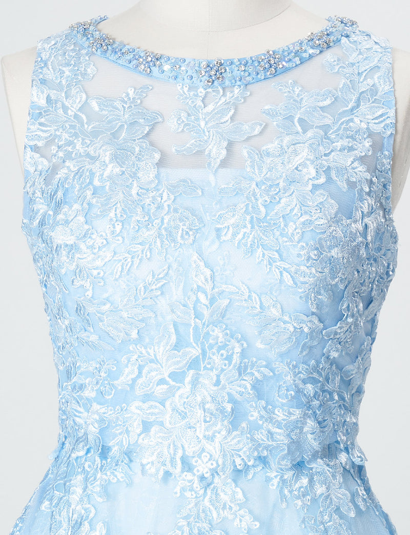 TWEED DRESS(ツイードドレス)のアイスブルーロングドレス・チュール｜TN2024-IBLのトルソー上半身正面ボレロ着用画像です。