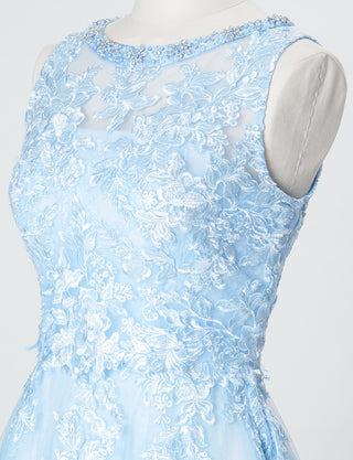 TWEED DRESS(ツイードドレス)のアイスブルーロングドレス・チュール｜TN2024-IBLのトルソー上半身斜めボレロ着用画像です。