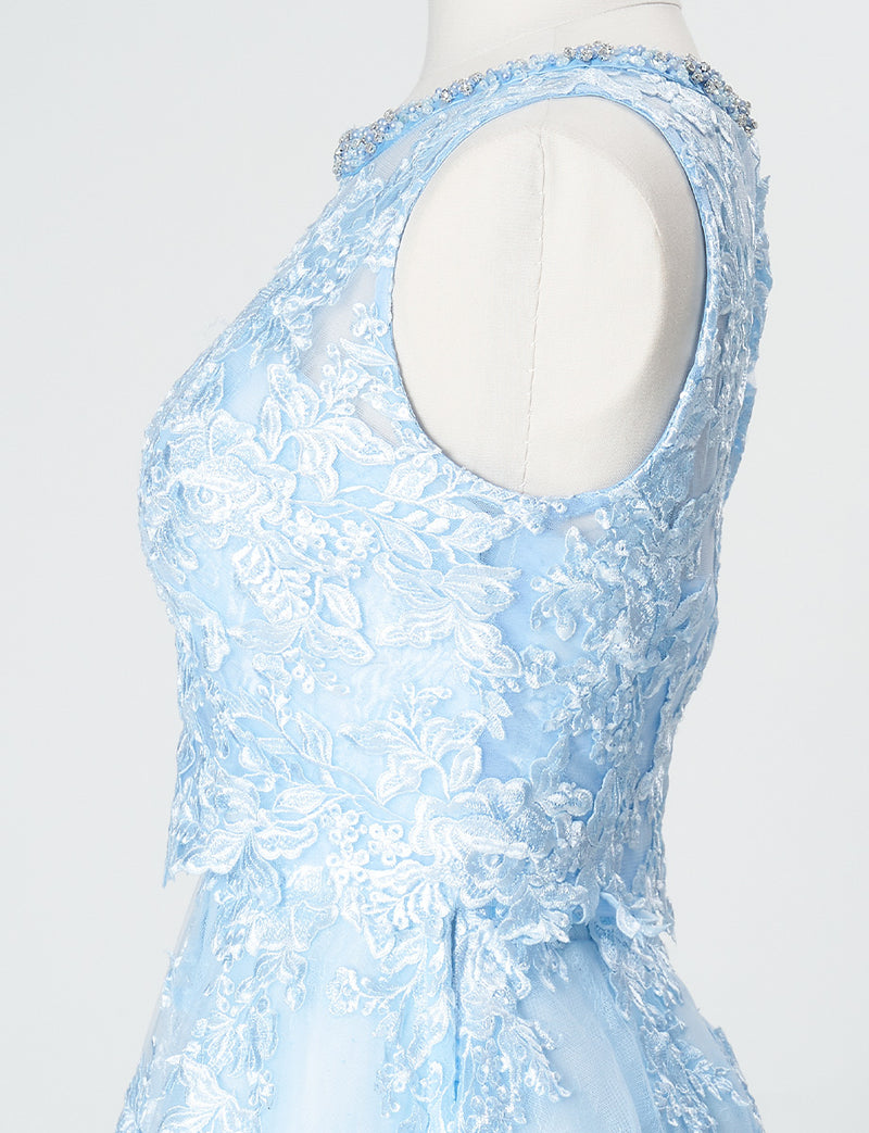 TWEED DRESS(ツイードドレス)のアイスブルーロングドレス・チュール｜TN2024-IBLのトルソー上半身側面ボレロ着用画像です。