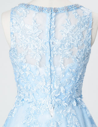 TWEED DRESS(ツイードドレス)のアイスブルーロングドレス・チュール｜TN2024-IBLのトルソー上半身背面ボレロ着用画像です。