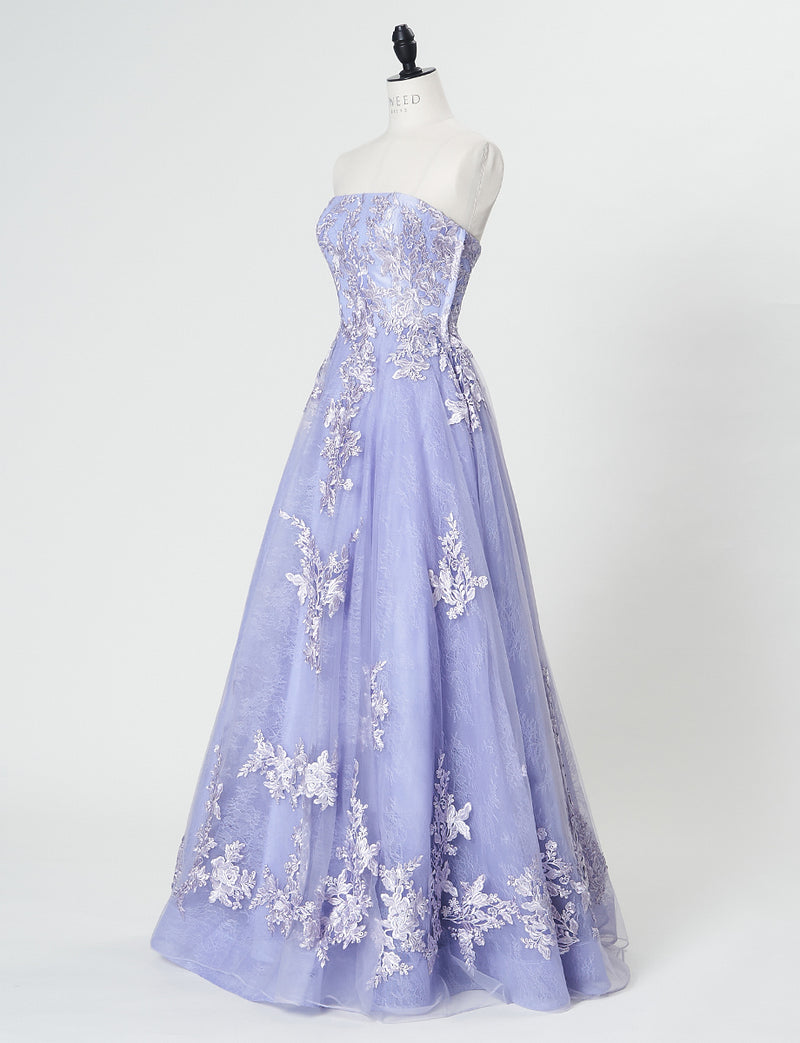 TWEED DRESS(ツイードドレス)のラベンダーグレーロングドレス・チュール｜TN2024-LVGYのトルソー全身斜め画像です。