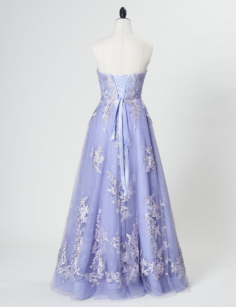 TWEED DRESS(ツイードドレス)のラベンダーグレーロングドレス・チュール｜TN2024-LVGYのトルソー全身背面画像です。