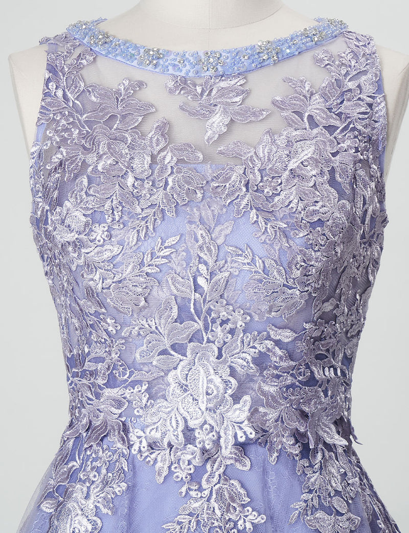 TWEED DRESS(ツイードドレス)のラベンダーグレーロングドレス・チュール｜TN2024-LVGYのトルソー上半身正面ボレロ着用画像です。