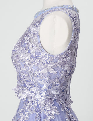 TWEED DRESS(ツイードドレス)のラベンダーグレーロングドレス・チュール｜TN2024-LVGYのトルソー上半身側面画像です。