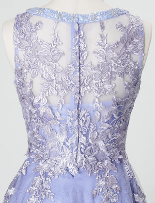 TWEED DRESS(ツイードドレス)のラベンダーグレーロングドレス・チュール｜TN2024-LVGYのトルソー上半身背面画像です。