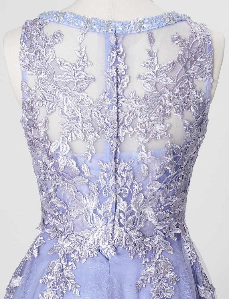 TWEED DRESS(ツイードドレス)のラベンダーグレーロングドレス・チュール｜TN2024-LVGYのトルソー上半身背面画像です。