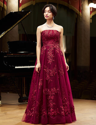 TWEED DRESS(ツイードドレス)のワインレッドロングドレス・チュール｜TN2024-WRDの全身正面画像です。
