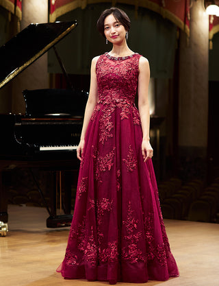 TWEED DRESS(ツイードドレス)のワインレッドロングドレス・チュール｜TN2024-WRDの全身正面ボレロ画像です。