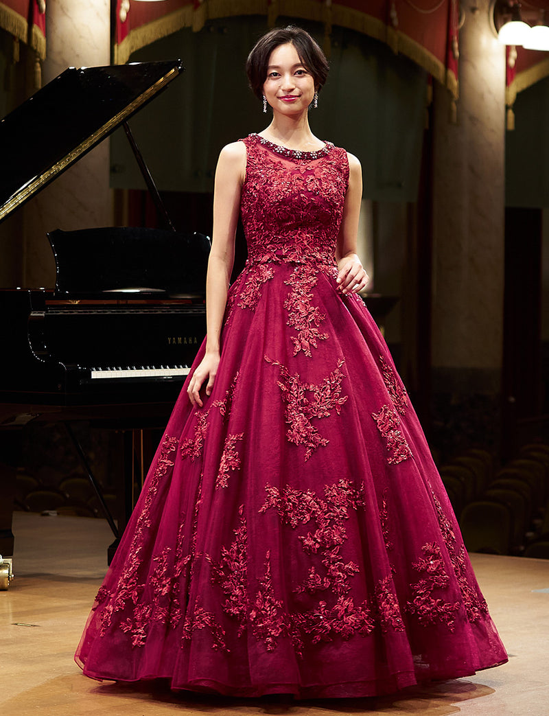 TWEED DRESS(ツイードドレス)のワインレッドロングドレス・チュール｜TN2024-WRDの全身正面、ボレロ、パニエ着用画像です。