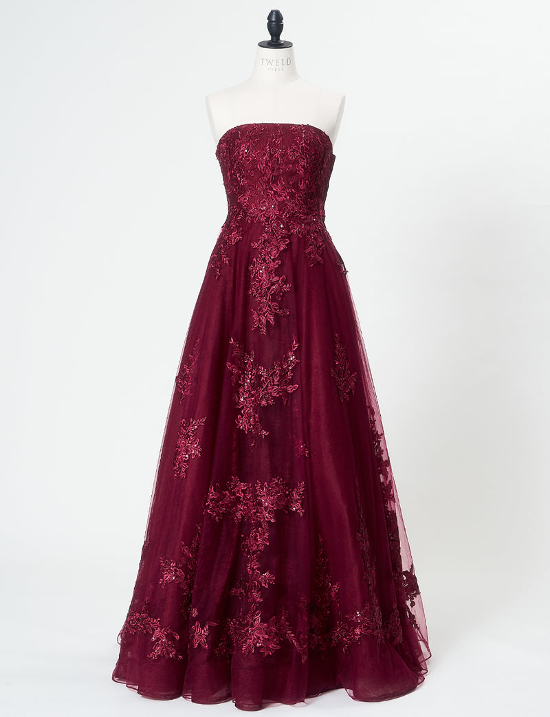 TWEED DRESS(ツイードドレス)のワインレッドロングドレス・チュール｜TN2024-WRDのトルソー全身正面画像です。