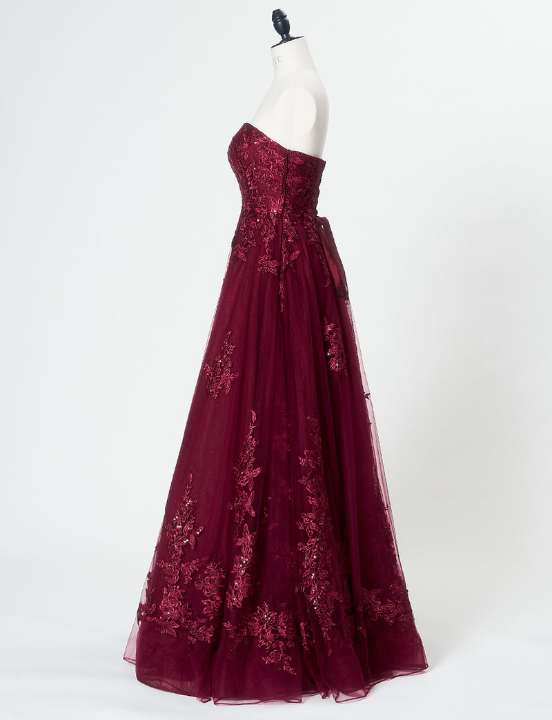 TWEED DRESS(ツイードドレス)のワインレッドロングドレス・チュール｜TN2024-WRDのトルソー全身側面画像です。