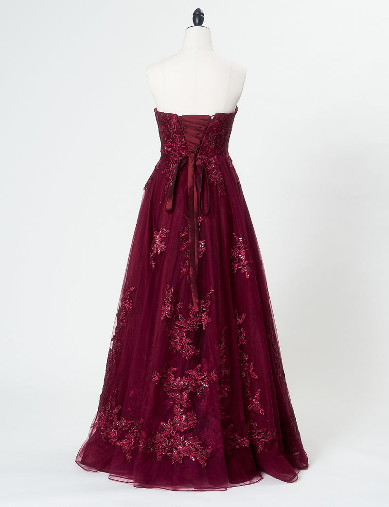TWEED DRESS(ツイードドレス)のワインレッドロングドレス・チュール｜TN2024-WRDのトルソー全身背面画像です。