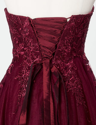 TWEED DRESS(ツイードドレス)のワインレッドロングドレス・チュール｜TN2024-WRDのトルソー上半身背面画像です。