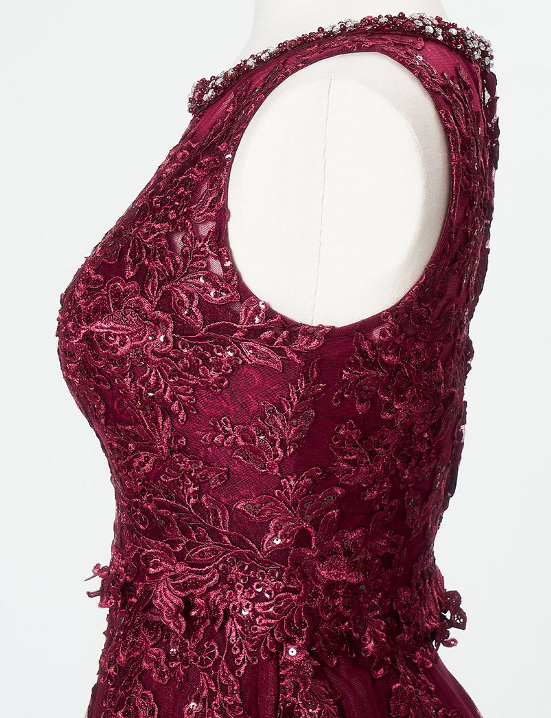 TWEED DRESS(ツイードドレス)のワインレッドロングドレス・チュール｜TN2024-WRDのトルソー上半身側面ボレロ着用画像です。
