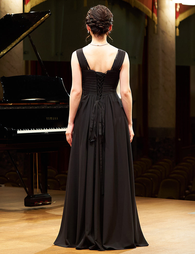 TWEED DRESS(ツイードドレス)のブラックロングドレス・シフォン｜TN2027-BKの全身背面画像です。