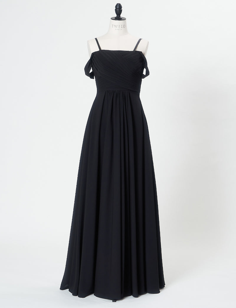 TWEED DRESS(ツイードドレス)のブラックロングドレス・シフォン｜TN2027-BKのトルソー全身正面画像です。