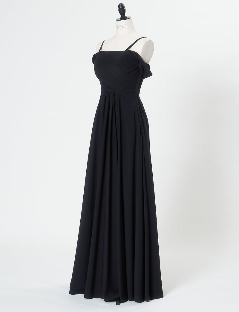 TWEED DRESS(ツイードドレス)のブラックロングドレス・シフォン｜TN2027-BKのトルソー全身斜め画像です。