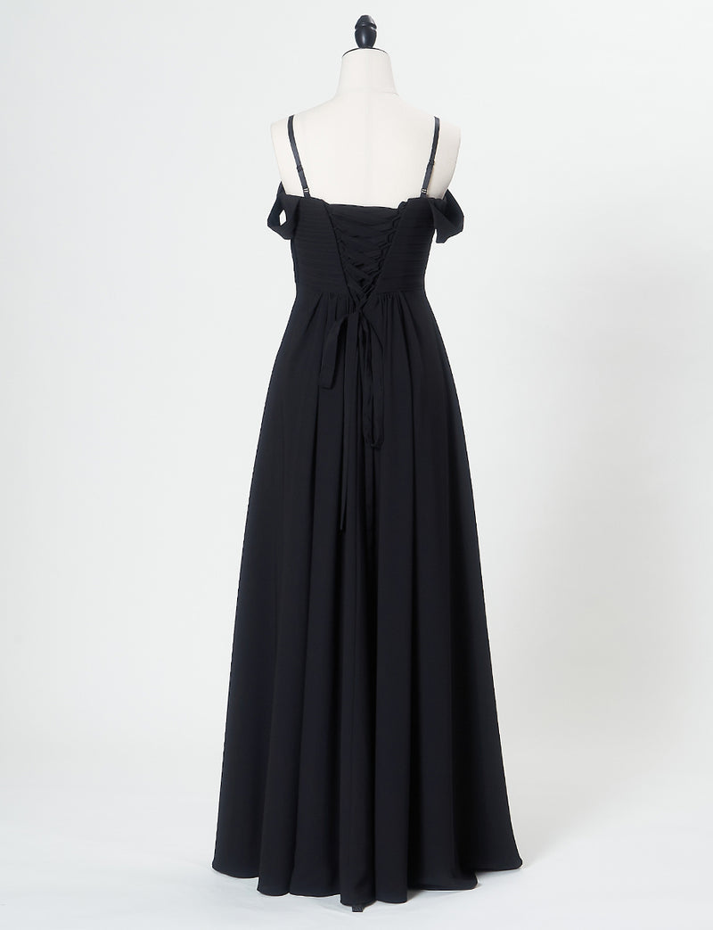 TWEED DRESS(ツイードドレス)のブラックロングドレス・シフォン｜TN2027-BKのトルソー全身背面画像です。