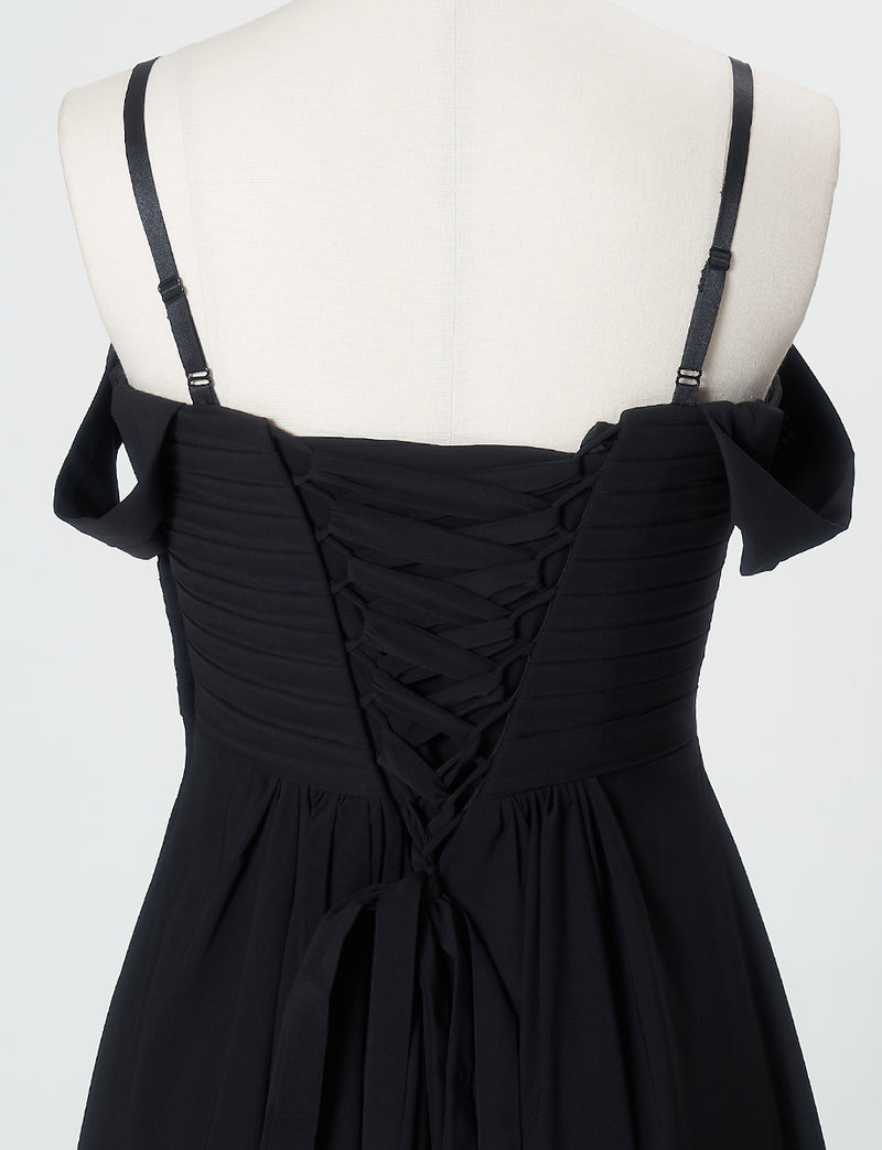 TWEED DRESS(ツイードドレス)のブラックロングドレス・シフォン｜TN2027-BKのトルソー上半身背面画像です。