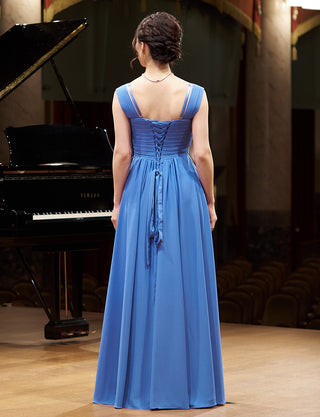 TWEED DRESS(ツイードドレス)のブルーロングドレス・シフォン｜TN2027-BLの全身背面画像です。