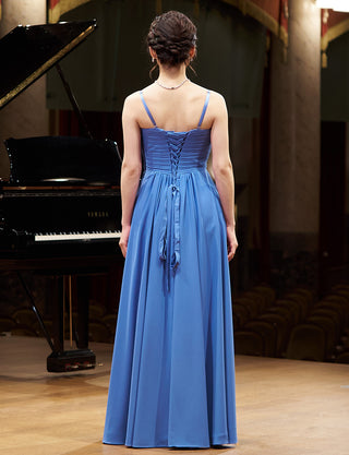 TWEED DRESS(ツイードドレス)のブルーロングドレス・シフォン｜TN2027-BLの全身背面画像です。