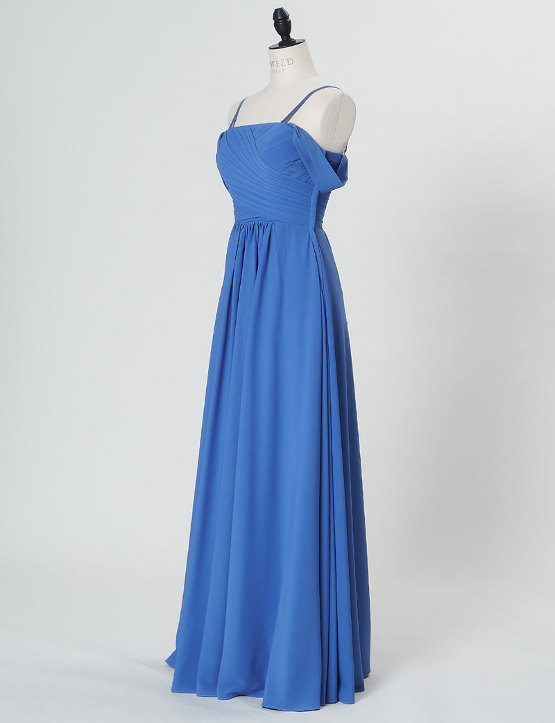 TWEED DRESS(ツイードドレス)のブルーロングドレス・シフォン｜TN2027-BLのトルソー全身斜め画像です。