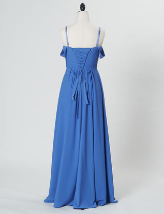 TWEED DRESS(ツイードドレス)のブルーロングドレス・シフォン｜TN2027-BLのトルソー全身背面画像です。