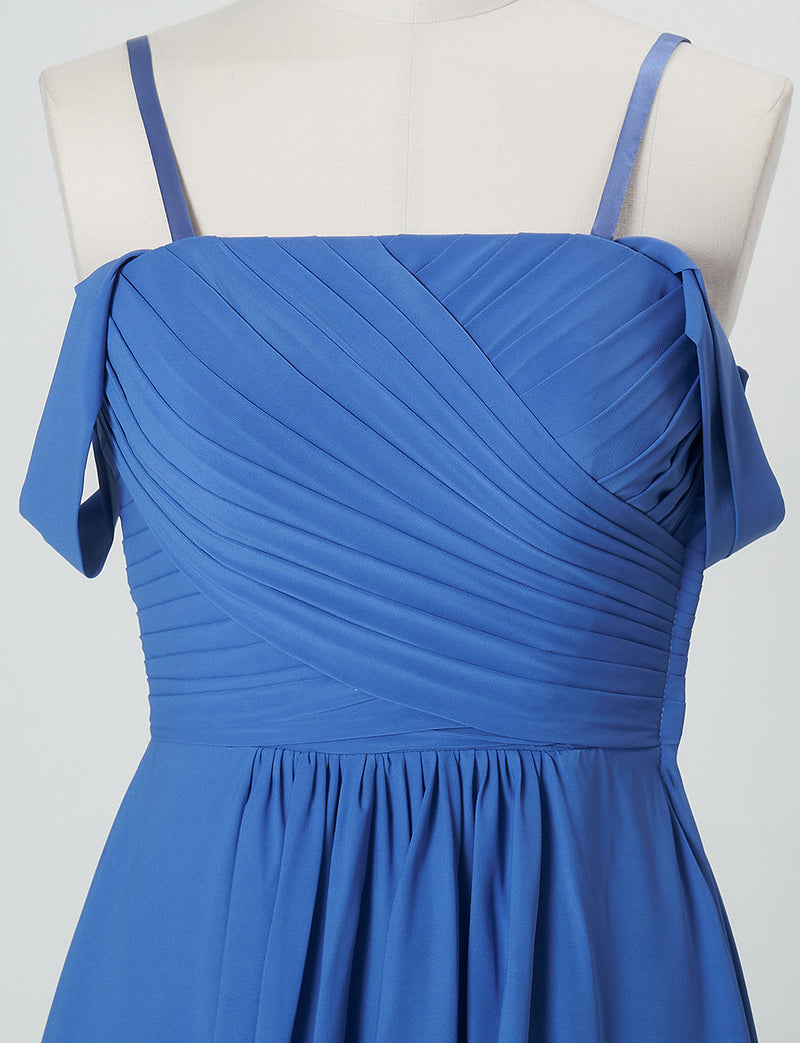 TWEED DRESS(ツイードドレス)のブルーロングドレス・シフォン｜TN2027-BLのトルソー上半身正面オフショルダーストラップ付き画像です。