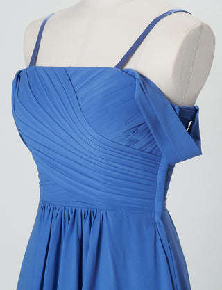 TWEED DRESS(ツイードドレス)のブルーロングドレス・シフォン｜TN2027-BLのトルソー上半身斜めオフショルダーストラップ付き画像です。