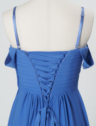 TWEED DRESS(ツイードドレス)のブルーロングドレス・シフォン｜TN2027-BLのトルソー上半身背面オフショルダーストラップ付き画像です。