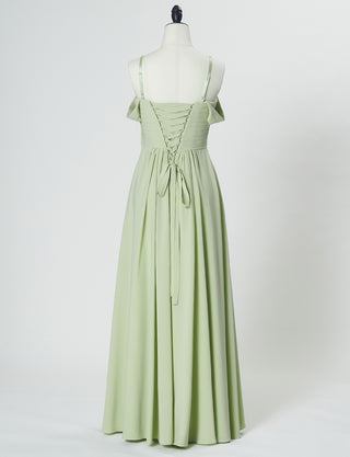 TWEED DRESS(ツイードドレス)のテンダーグリーンロングドレス・シフォン｜TN2027-TGNのトルソー全身背面オフショルダーストラップ付き画像です。