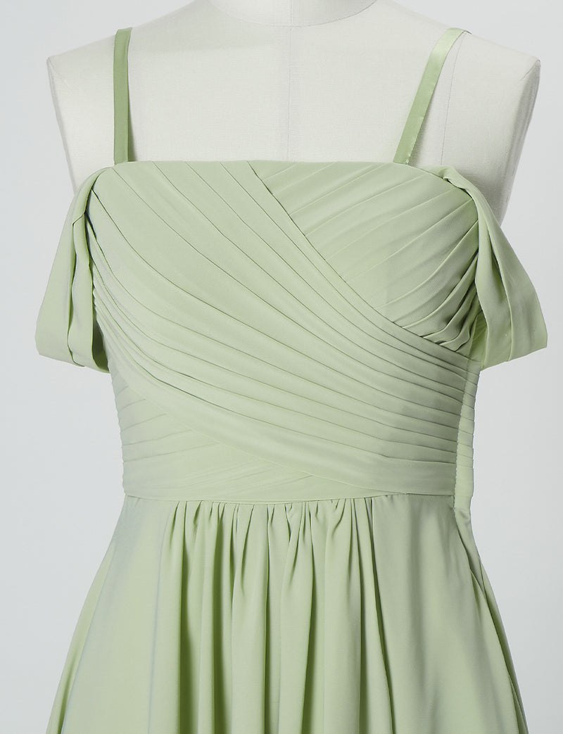 TWEED DRESS(ツイードドレス)のテンダーグリーンロングドレス・シフォン｜TN2027-TGNのトルソー上半身正面オフショルダーストラップ付き画像です。