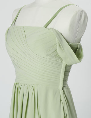 TWEED DRESS(ツイードドレス)のテンダーグリーンロングドレス・シフォン｜TN2027-TGNのトルソー上半身斜めオフショルダーストラップ付き画像です。