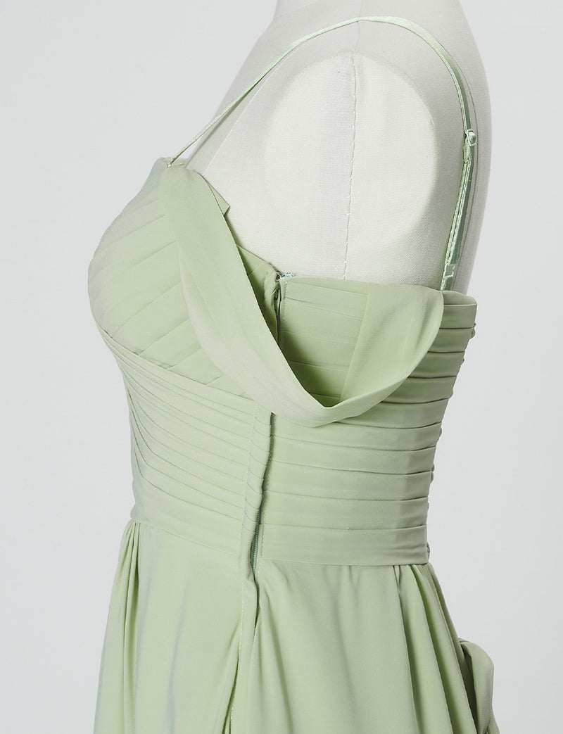 TWEED DRESS(ツイードドレス)のテンダーグリーンロングドレス・シフォン｜TN2027-TGNのトルソー上半身側面オフショルダーストラップ付き画像です。