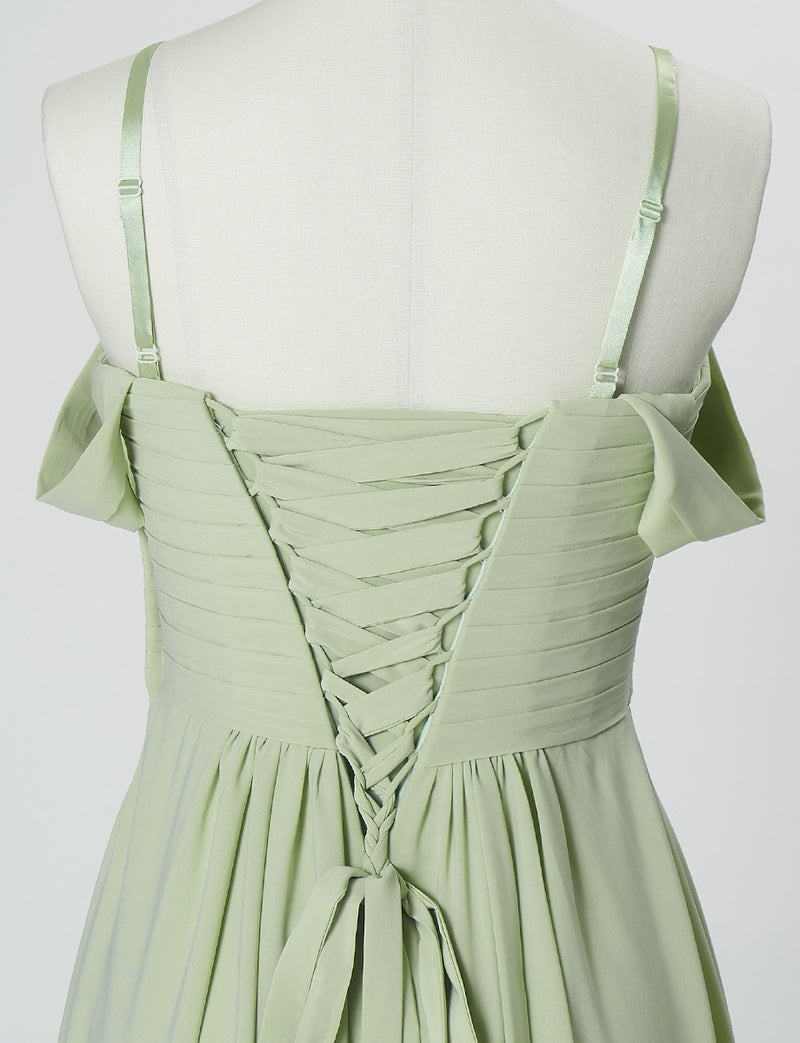 TWEED DRESS(ツイードドレス)のテンダーグリーンロングドレス・シフォン｜TN2027-TGNのトルソー上半身背面オフショルダーストラップ付き画像です。
